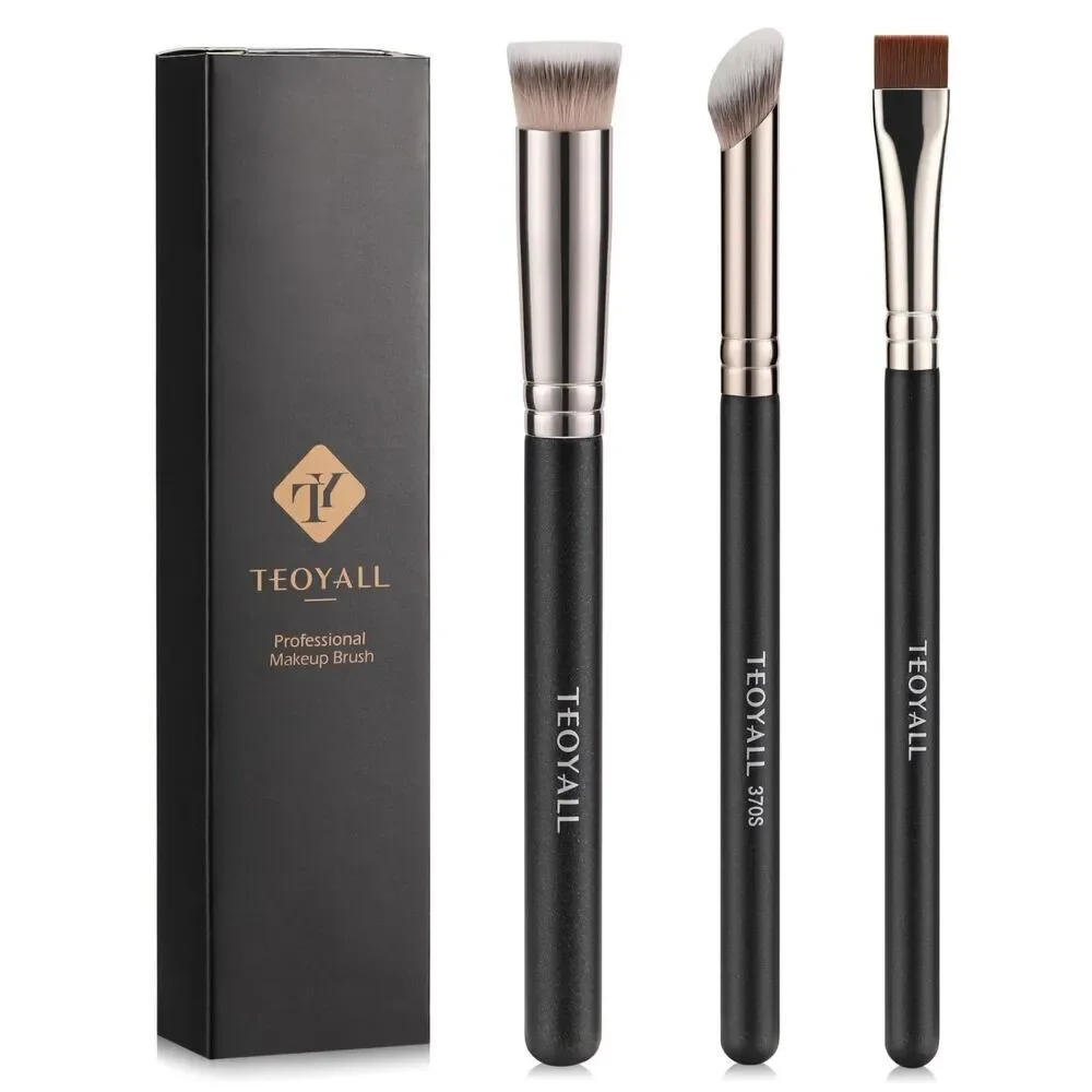 Teoyall 3Pieces Black 370S Angled Synthetic Kabuki Flat Top Thin Flat Brush Set